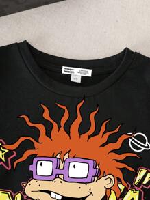 Nick 90s | SHEIN Áo thun cổ tròn tay ngắn cho bé trai, họa tiết hoạt hình tiếng Anh Graffiti màu đen, thích hợp cho mùa hè - màu đen - Xem 4