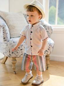 SHEIN Baby Boy Casual Single-Breasted Short Sleeve Shirt And Striped Shorts Set - Multicolor - View 3