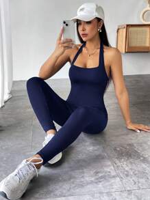 SHEIN PETITE Solid Halter Neck Backless Unitard Spring Women Jumpsuit Navy Blue - Navy Blue - View 7