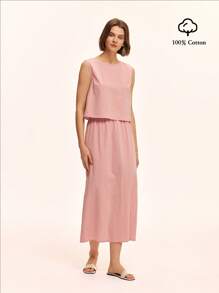 Chiquease Artistic Style Solid Color Cotton Short Top + Slit Back Skirt Set, Comfortable Casual Holiday Vacation Two Pieces - Baby Pink - View 6