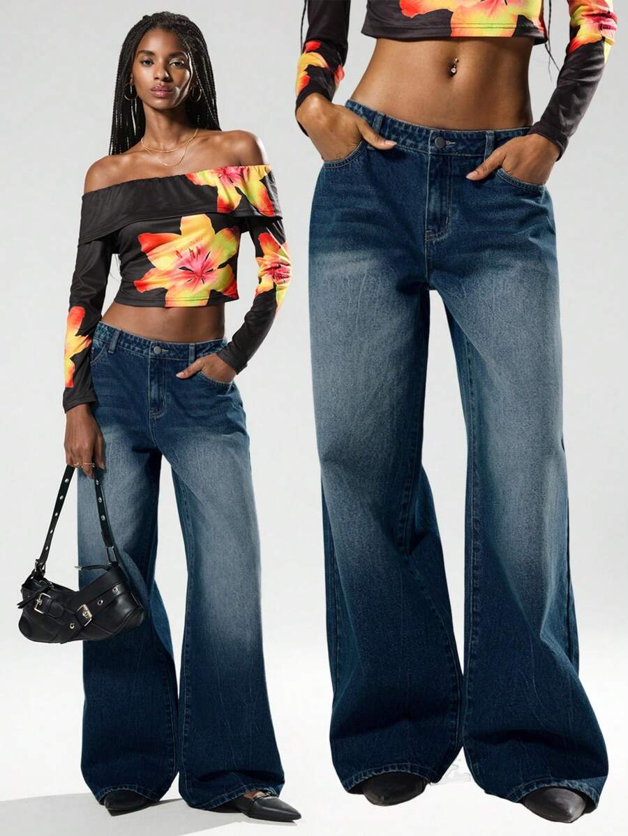 SHEIN EZwear جينز نسائي ذو خصر واسع ذو طول متدلي مغسول بطريقة عادية - الأسود - مشاهدة 1