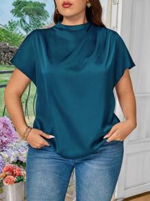 Celure Plus Size Women Satin Ruched Raglan Sleeve Back Button Elegant Blouse - Teal Blue - View 3