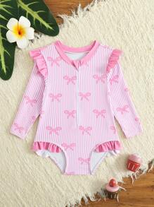 Baby Girl Bowknot Striped Ruffled One-Piece Swimsuit With Zipper Swimsuit Long Sleeve Girls Swimsuit Kids Swimsuits Long Sleeve Kids Swimsuit Long Sleeve Girls Long Sleeve Swim Suits Swim Suit For Girls Long Sleeve