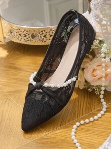 CUCCOO HITCHD 女式夏季新款珍珠链丝带扭纹镂空蕾丝设计尖头平底优雅舒适黑色蕾丝网眼芭蕾平底鞋，适合婚礼、伴娘、新娘、休闲下午茶、约会 - 黑色 - 查看 15