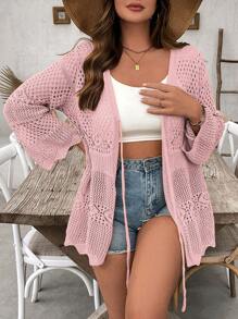 SHEIN Holidaya Plus Size Women Solid Color Crochet Tie Long Sleeve Maxi Sexy Cover Up Lightweight For Holiday, Beach, Swimsuit Cover-Ups, Sun Protection, Summer Fall Winter Cloth For Women