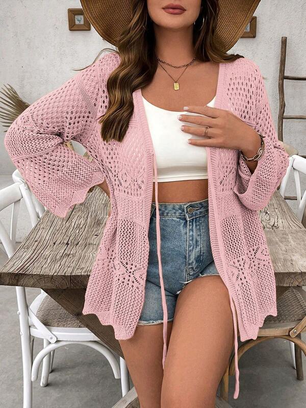 SHEIN Holidaya Große Größen Damen einfarbige gehäkelte Langarm Maxi sexy Strandkleid, leicht für Urlaub, Strand, Badeanzug Cover-ups, Sonnenschutz, Sommer