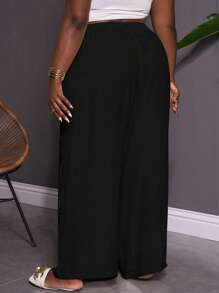SHEIN CURVE+ 大码纯色宽松阔腿罩衫裤，休闲度假风格 - 黑色 - 查看 2