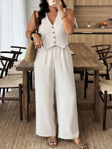 SHEIN Clasi 1 Bộ đồ nữ cỡ lớn màu trơn một hàng khuy áo vest và quần thường ngày hai mảnh - Màu be - Xem 3