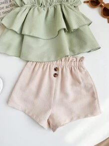 Babygirl Cute Ruffled Strap Tank Top And Shorts Set, Summer Vacation - Multicolor - View 5