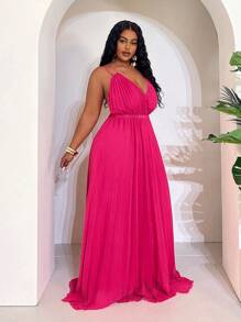 Veslaya 2025 年新款春夏日常/休闲/度假/海滩/旅行紫红色交叉细肩带高低褶皱连衣裙，专为大码女性设计 - 玫紅色 - 查看 4