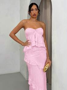 SHEIN BAE Váy dài hở vai voan xếp nếp trong suốt màu vàng trơn cho nữ, thích hợp cho kỳ nghỉ, đêm hẹn hò, phù dâu, mùa xuân/hè - Hồng - Xem 5