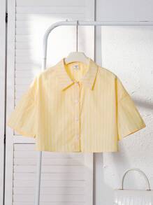 SHEIN Áo sơ mi Raglan ngắn tay đơn giản, cổ polo kẻ sọc dành cho bé gái tuổi mới lớn - Màu Mù tạt vàng - Xem 1