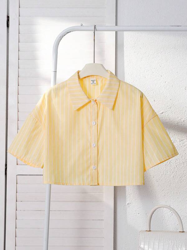 SHEIN Tween Girls' Loose Minimalist Polo Collar Striped Cropped Raglan Short Sleeve Casual Shirt