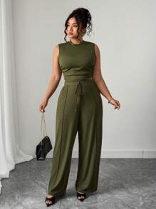 Elenzga Plus Size Casual Solid Color Tank Top And Pants Set - Army Green - View 5