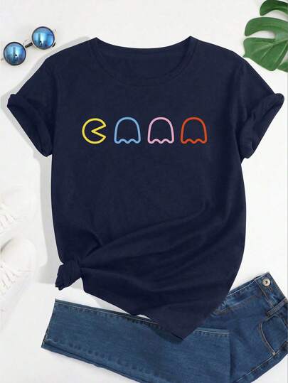 Calvaya 大码女式休闲几何印花圆领短袖 T 恤夏季图案 T 恤女式上衣