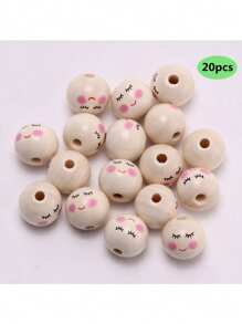SHEIN New 20Pcs Smiling Wooden Round Expression Pine Beads For Jewelry Making DIY Creative Bracelet, Necklace Handmade Beading Craft Supplies