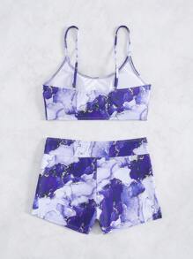 Swim Lushoire 2 件套春夏随机全身印花紫色图案细肩带上衣和短裤，女士休闲假日海滩派对泳装和沙滩装套装 - 紫羅蘭色 - 查看 2