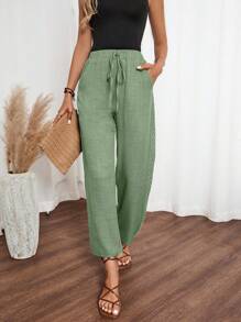EMERY ROSE Women's Solid Color Linen Blend Side Ruffle Hem Pants - Green - View 1