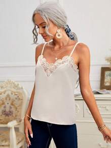 SHEIN Frenchy 女士对比色蕾丝宽松吊带背心 - 杏色 - 查看 4
