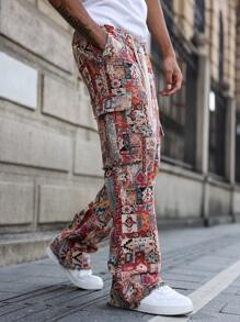 Manfinity EMRG Men's Street-Sport Style With An INS-Inspired Look, Featuring High-Street Bohemian Geometric-Pattern Yarn-Dyed Textured Jacquard Pants In An American Vintage Slight-Flared Cut With A Raw Hem. These Pants Are Perfect For Music Festivals, And Make A Great Gift For A Boyfriend Or Husband. They Bring A Streetstyle, Y2K Vibe To Any Wardrobe. Vintage American Style Men Geometric Print Cargo Pants With Pockets, Streetwear, Fall