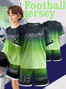 SHEIN 2 piezas Conjunto informal deportivo para niño preadolescente, incluye camiseta de cuello redondo suave y cómoda con estampado degradado de color y shorts de cintura elástica, versátil para uso diario, al aire libre, la escuela, fotografía callejera, fiestas, relajación, primavera/verano