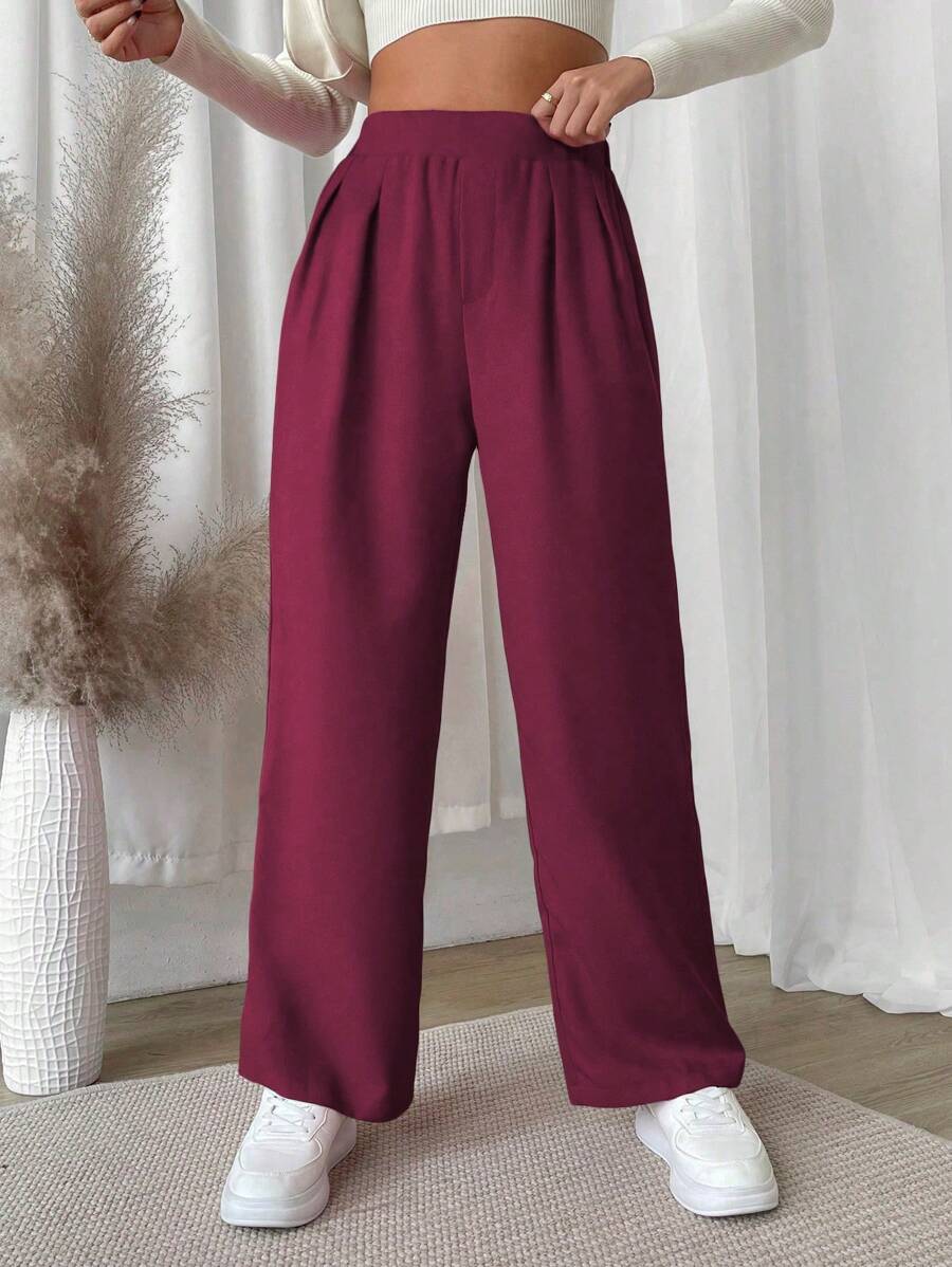 SHEIN Unity Solid Color Elastic Waist Casual Straight Leg Pants Fall Cloth For Women - Burgundy - View 1