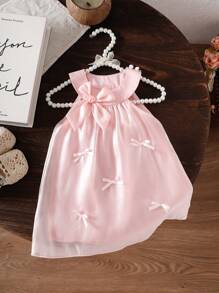 SHEIN Playful Pals Infant/Baby Girl Casual Cute Pink Organza Dress With Multiple Ribbon Bows