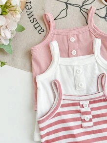SHEIN 3pcs/Set Newborn Baby Girls Cute Striped Knitted Strap Bodysuit Set, Summer - Pink - View 1
