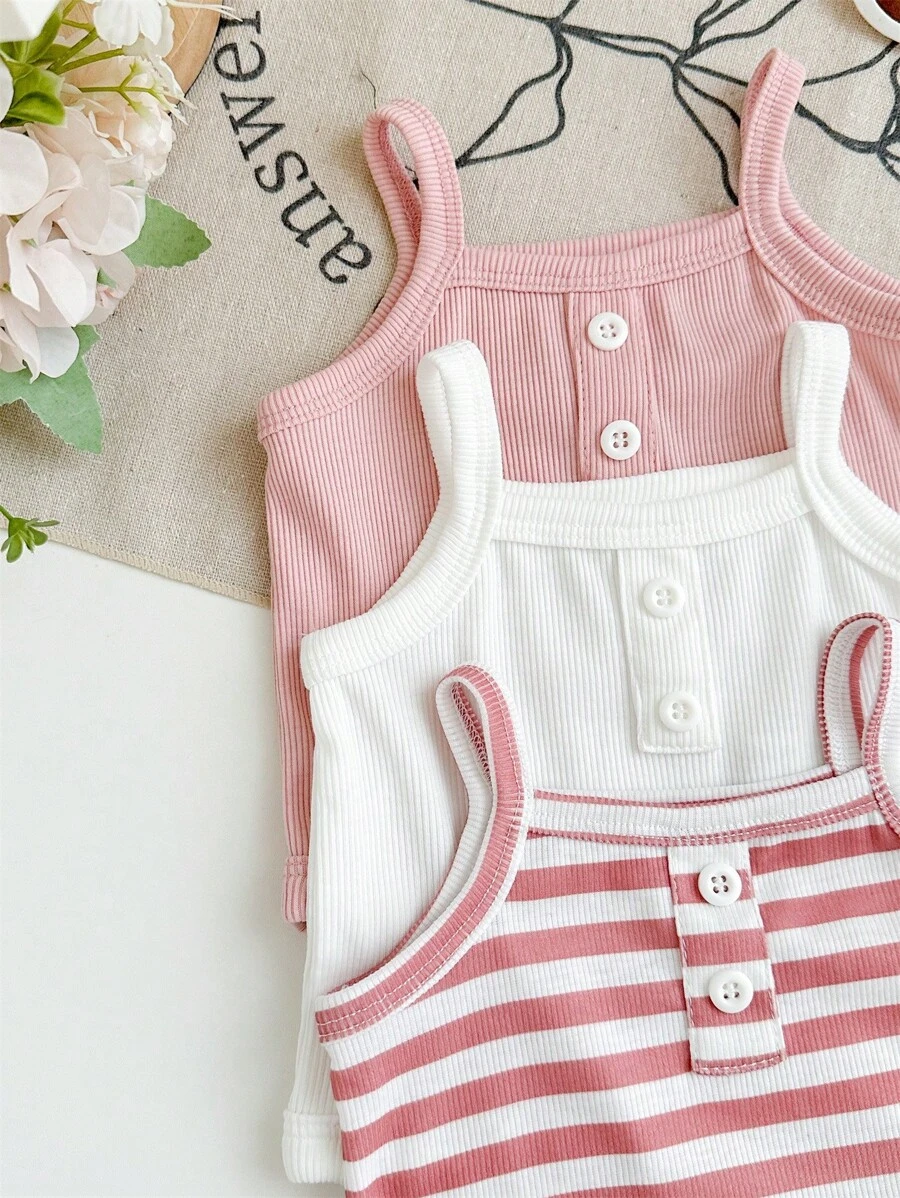 SHEIN 3pcs/Set Newborn Baby Girls Cute Striped Knitted Strap Bodysuit Set, Summer - Pink - View 1