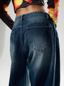 SHEIN EZwear جينز نسائي ذو خصر واسع ذو طول متدلي مغسول بطريقة عادية - الأسود - مشاهدة 2