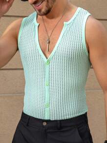 Manfinity Dauomo Men's Casual Solid Color Textured Front Button Vest For Summer