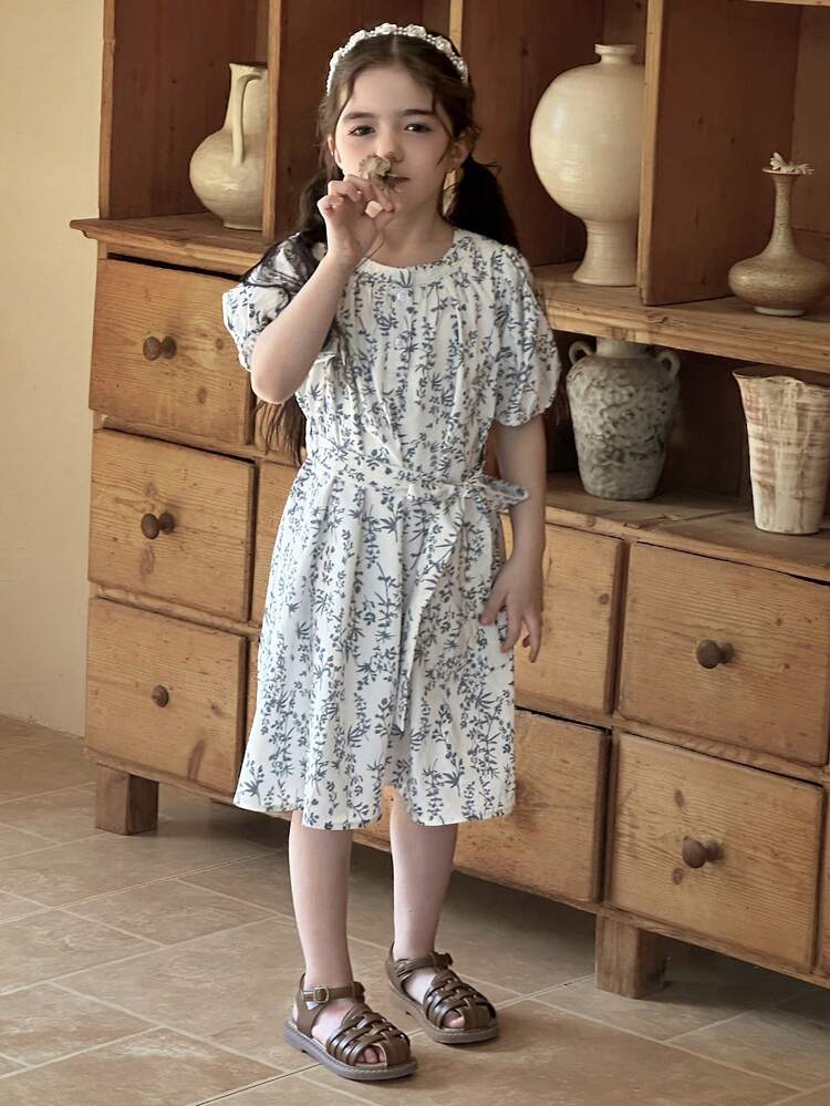 Young Girls Round Neck Ditsy Floral Short Sleeve Chiffon Dress, Summer