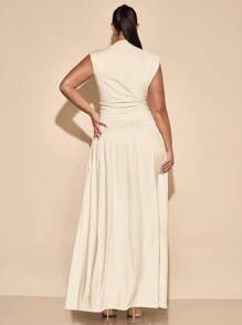 SHEIN BAE 大码女式优雅无袖褶皱连衣裙，春夏无袖高领纯白色不对称褶皱超长连衣裙，适合秋冬季作为汗衫、法式连衣裙、晚礼服、生日礼服、伴娘礼服、简约日常优雅连衣裙