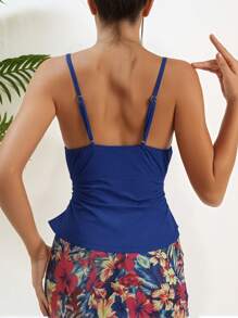 Swim Lushoire 3pcs Set Solid Triangular Crop Top, High Cut Panties With Random Printed Drawstring Mini Skirt, Swimsuit For Summer Beach Vacation - Multicolor - View 2