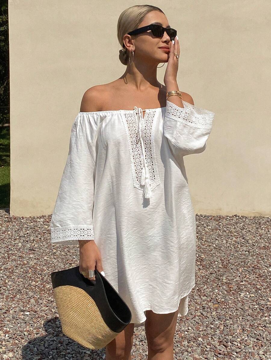 DAZY Vacation Casual Solid Color Crochet Lace Tie Off-Shoulder Beach Cover Up - White - View 1