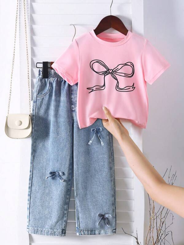 SHEIN Girls Casual Fashion Street Style Round Neck Short Sleeve Fitted Bow Print T-Shirt And Elastic Waist Straight Leg Butterfly Denim Pants Summer Outfit Set