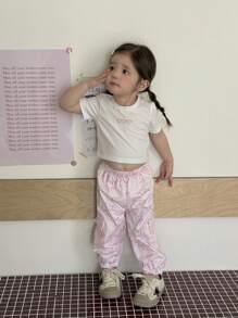 2 Stücke Set für Babys, Mädchen, süß, lässig, alltagstauglich, sportlich, mit Herzstickerei, kurzärmeliges T-Shirt, Oberteil und Cargohose, Frühling/Sommer, Babykleidung für Mädchen, Kleinkinder, Mädchen - Pink - Übersicht 7