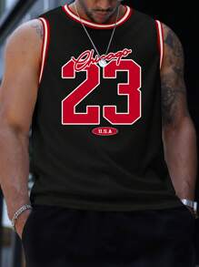 Manfinity Sporsity Camiseta sin mangas de talla grande para hombre de verano con estampado numérico y ribete