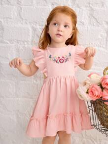 SHEIN Vestido cómodo y minimalista de manga corta tipo casquete con cuello redondo y estampado floral para bebé niña