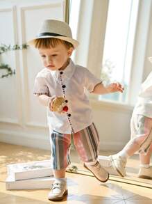 SHEIN Baby Boy Casual Single-Breasted Short Sleeve Shirt And Striped Shorts Set - Multicolor - View 6