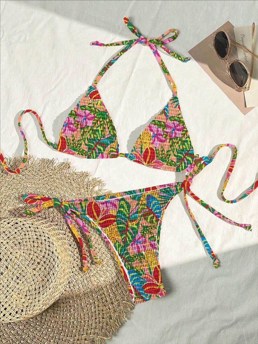 SHEIN Swim 2 件套女士夏季海滩度假褶皱豹纹吊带比基尼泳装套装 - 彩色 - 查看 1