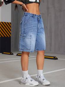 SHEIN ICON Bermuda di jeans cargo con tasche grandi e vita bassa