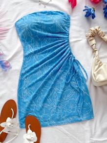 Soleia 女性花卉印花無肩帶束腰連衣裙 - 藍白色 - 查看 1