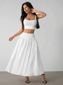 SHEIN PETITE Váy dài nữ màu trơn co giãn cạp cao, mùa đông, váy dài, váy mùa thu, váy đi chơi, váy mùa thu cho nữ, váy dạ hội, váy trắng, váy tốt nghiệp cho nữ, váy đi làm thường ngày - trắng - Xem 7