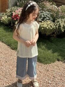 DAZY Bộ 3 món áo thun cổ tròn đan + áo liền quần + quần denim cho bé gái, mùa hè - Rửa trung bình - Xem 8