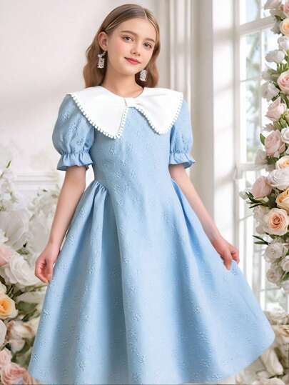 Sparklyn Tween Girl' Dress, Elegant Casual Holiday Dress, With Peter Pan Collar, Puff Sleeves, Ruffle Hem, Bow Detail, In Blue Color, Suitable For Spring/Summer, Outdoor And Holiday Wear Classy Girl Dresses For Girls Collared Dress Girls