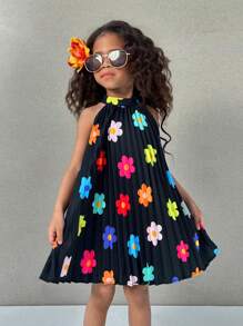 SHEIN Young Girl Woven Ditsy Floral Pattern Snug Fit Sleeveless Casual Dress - Black - View 4