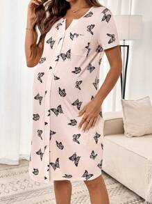 SHEIN Maternity Butterfly Dresses - Pajama, Pajama Dress, Loungewear, Nightgown, Robe, Sleepwear, Underwear & Sleepwear, Pajama Set - Apricot - View 7