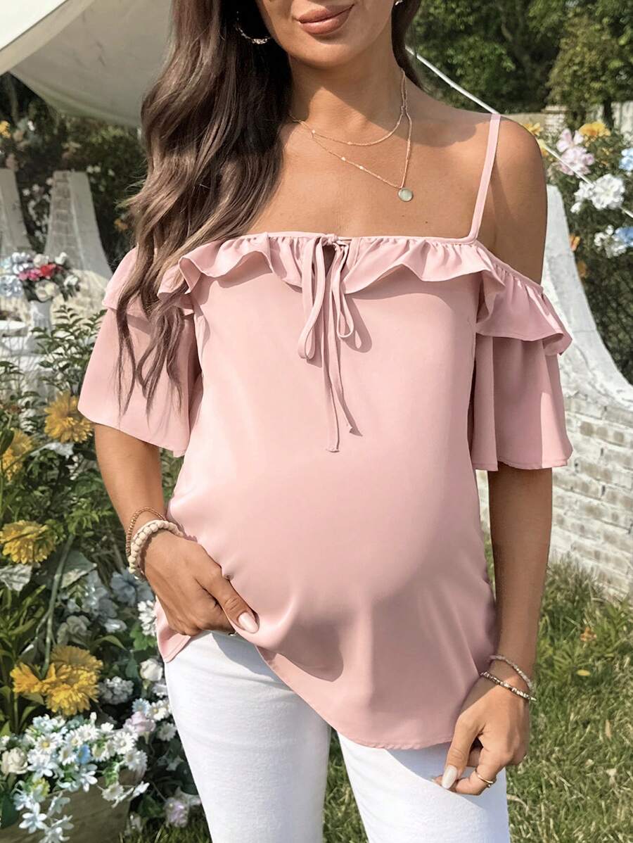 SHEIN Blouse de grossesse décontractée avec volant de couleur unie - Rose bonbon - Voir 1