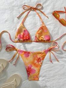 SHEIN Swim Women's Random Print Halter Neck Tied Bikini Set, Summer